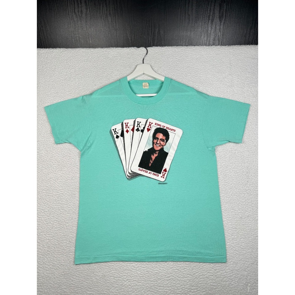 + VTG 1987 Elvis Presley King of Hearts Shirt Men XL Fits L - Teal Screen Stars
